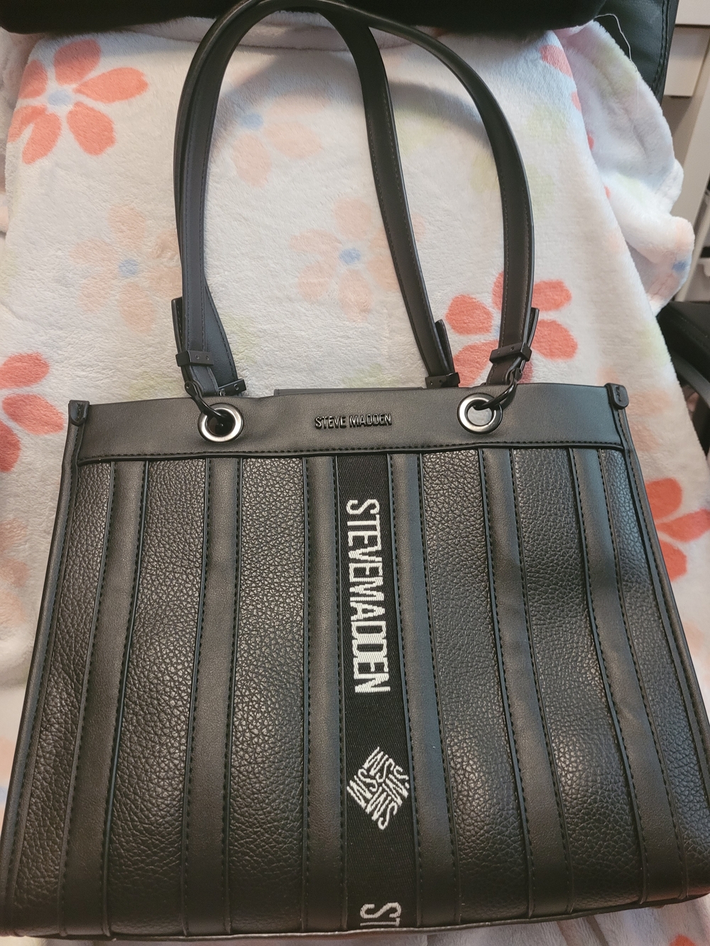 Steve Madden Black Vertical-Panel Tote with Logo Stripe